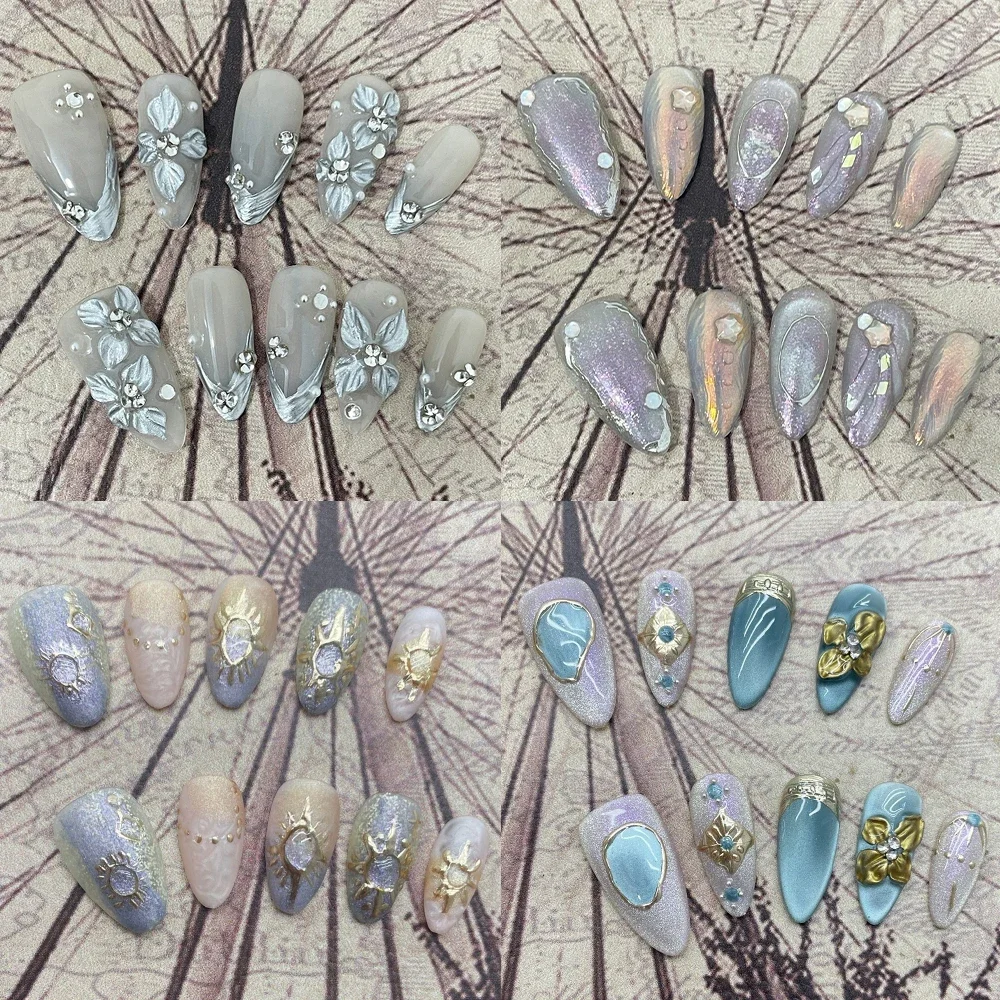 

10Pcs Beautiful 3D Flowers Almond Handmade Reusable Press On Nails Cat Eyes Diamond Pearl Water Drop French Full Cover Nails