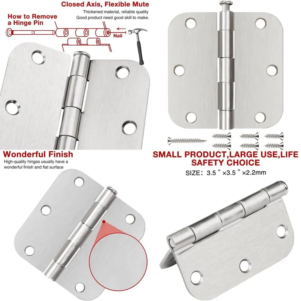 

Петли для межкомнатных дверей из матового никеля, 3,5 дюйма, 48 штук в упаковке, радиус 5/8 дюйма, серебристая фурнитура