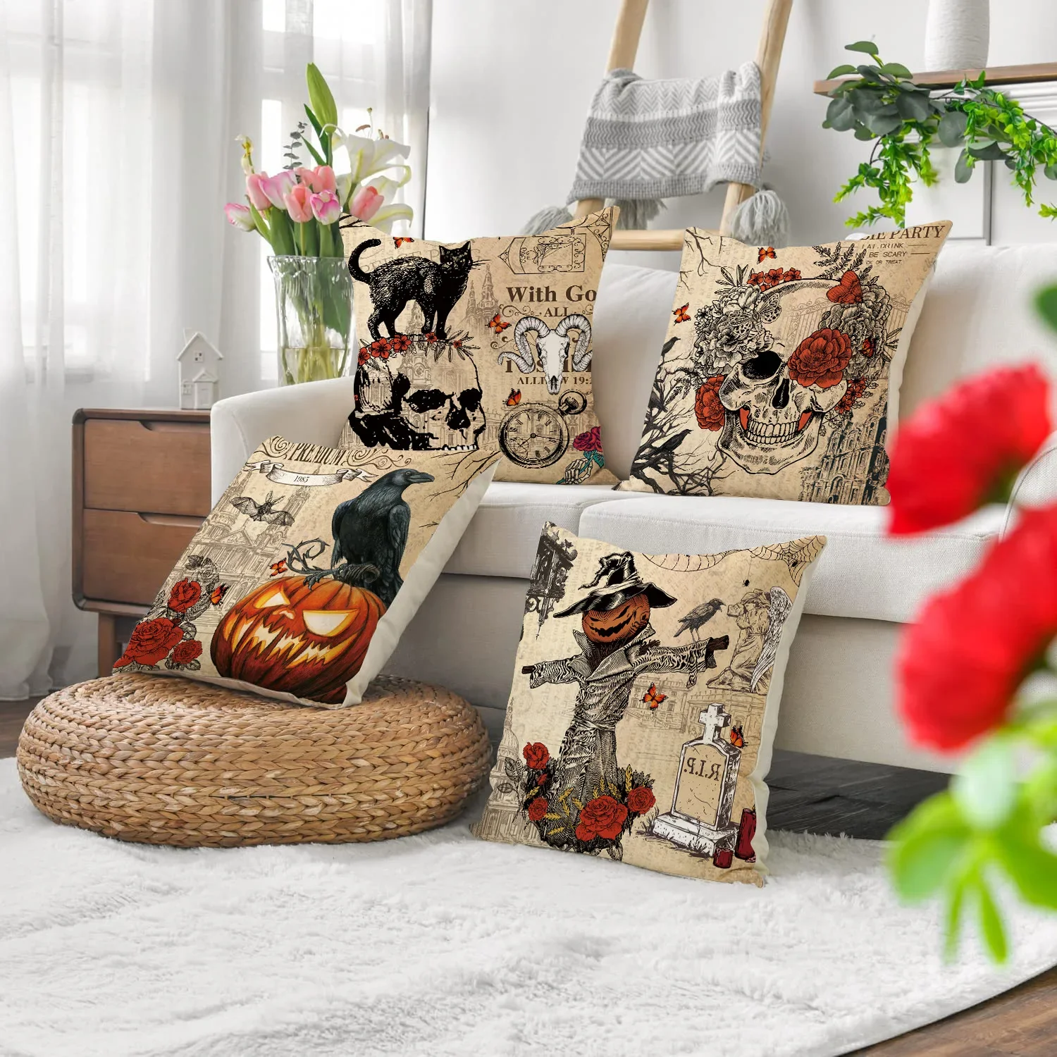 Halloween Pumpkin Scarecrow Pillowcase Black Cat Crow Skull Linen Sofa Cushion Cover Ghost Festival Home Decorative Pillow Case