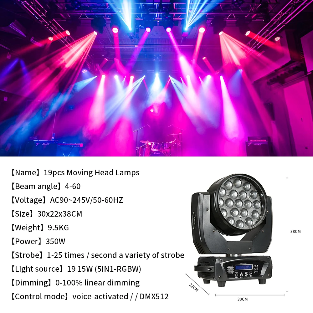 19x15W Zoom Wash Moving Head Lighting RGBW Strobe With DMX512 Control For DJ Disco Home Party Nightclub