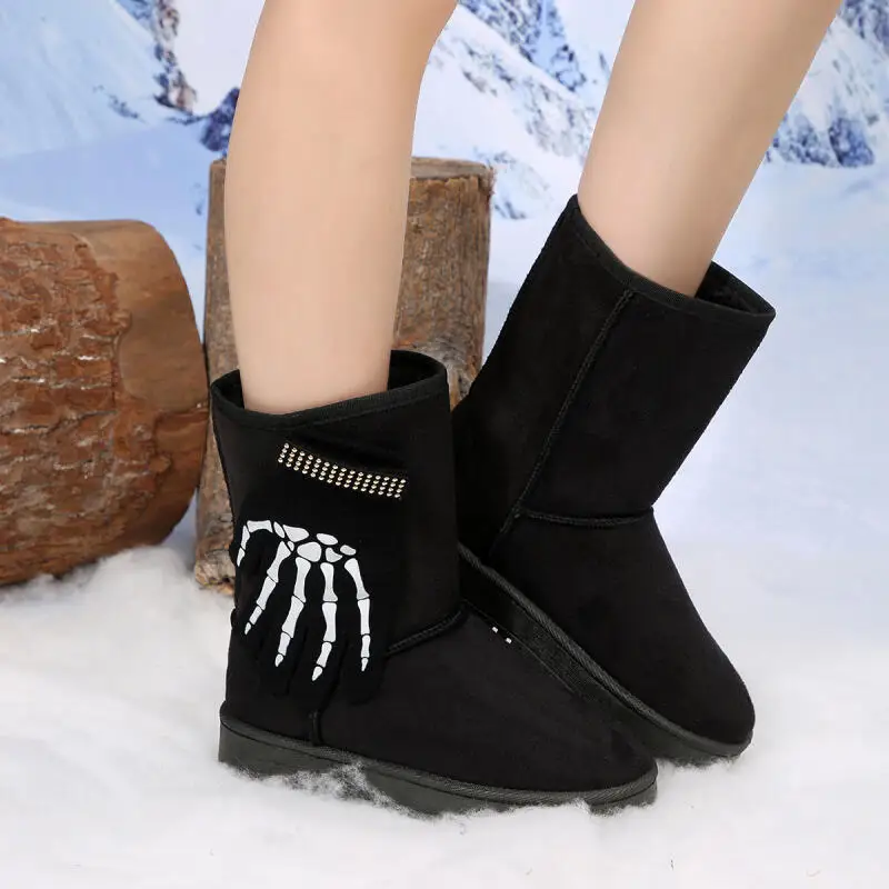 Gothic Skeleton Decoration Suede Snow Boots Women 2025 Winter Punk Metal Rivet Mid Calf Boots Warm Plush Woman's Short Booties