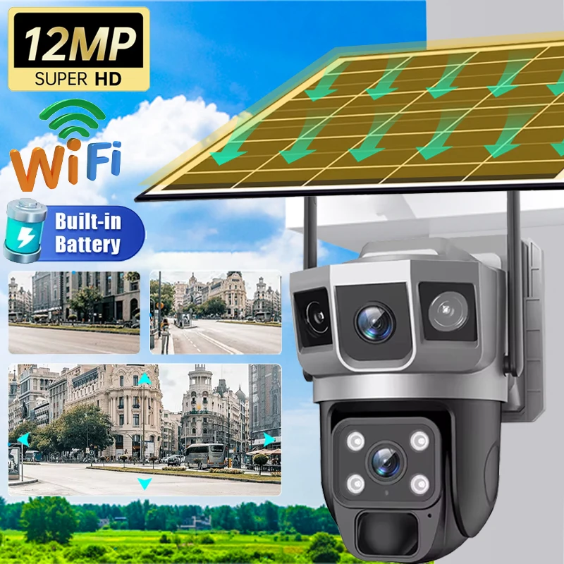 

Dual Lens WiFi Solar Camera Outdoor 3 Screen 12MP 6K Video Monitor Humanoid Tracking Wireless Security Cameras With Solar Panel