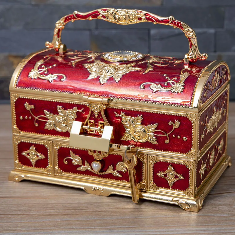 

Metal creative wedding engagement jewelry box multi-layer large-capacity jewelry storage box handle with mirror high-end sense