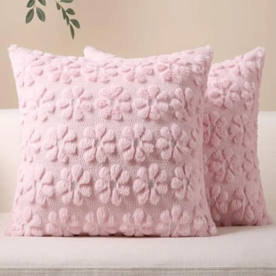 Spring Summer Throw Pillow Covers 18 x 18 Inch Set of 2 Farmhouse Decorative Floral Daisy Soft Faux Fur Cushion Covers 3D Pillo