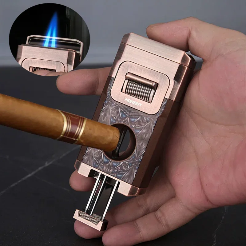 

HONEST Windproof Cigar Lighter Strong Double Blue Flame Inflatable Visible Gas Window V-shaped Cigar Knife Lighter Men's Gift