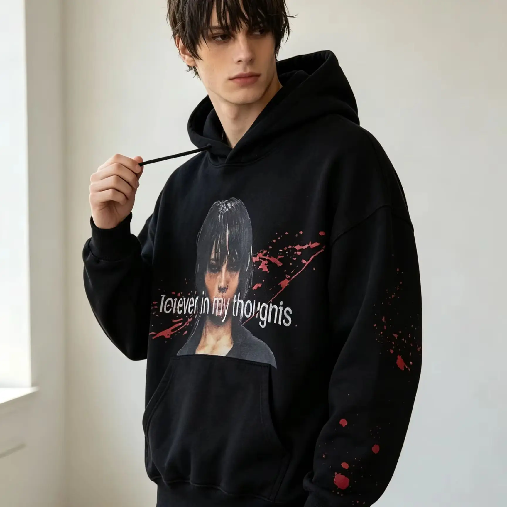 Women's Grey Blood Splatter Portrait Hoodie Oversized Punk Grunge Casual Streetwear Sweatshirt with Letter Print