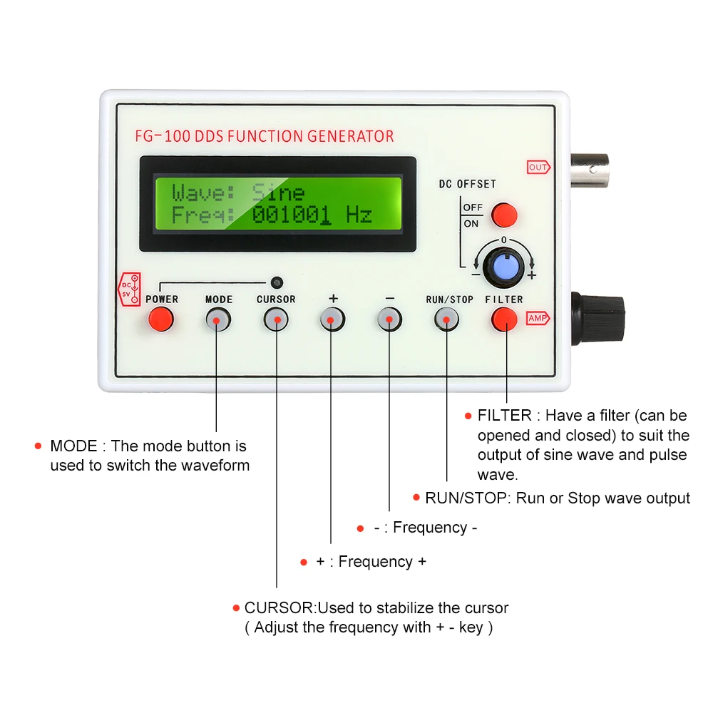 1HZ-500KHZ FG-100 DDS Signal Generator Sine Triangle Square Sawtooth ECG Noise Output Frequency Meter Signal Source Module DDS