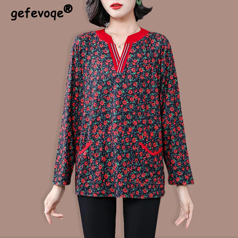 

Футболка женская Свободная с карманами, Элегантная Модная Повседневная рубашка с длинным рукавом, пуловер с V-образным вырезом и цветочным принтом, весна-осень