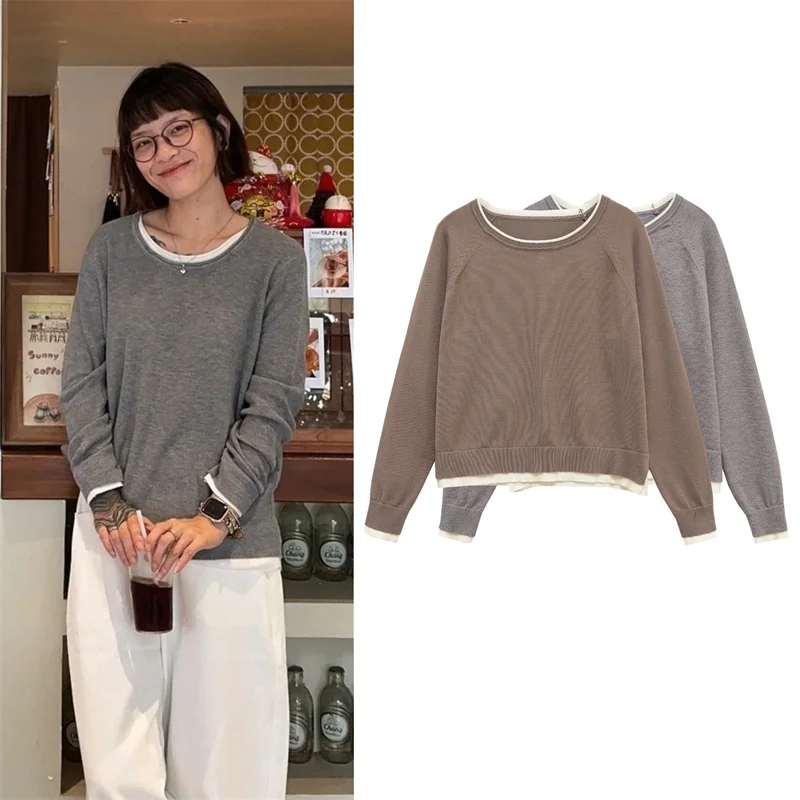 

Women's Top Autumn New Style Solid Color Long Sleeve Double Layer Decorative Simple Round Neck Knit Top Casual Fashion Lazy