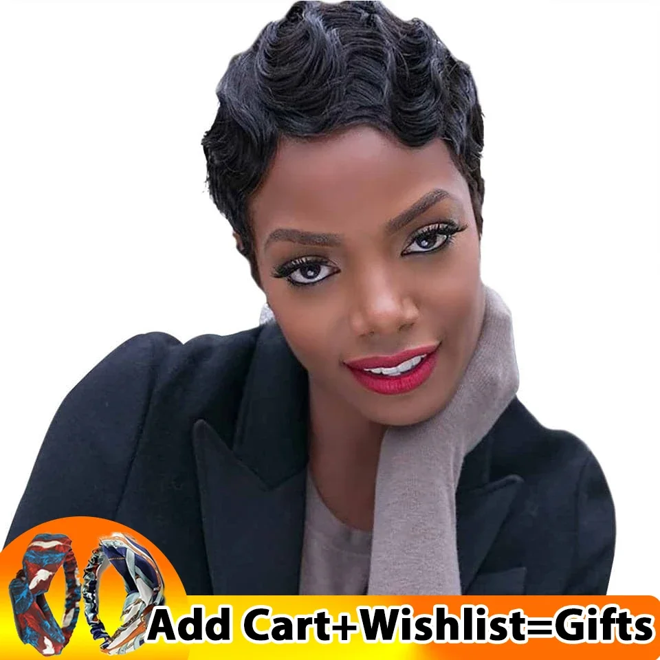 Short Wigs Human Hair Wigs For Women Pixie Cut Human Hair Finger Wave Wig Natural Color Glueless 13x1 Side Part Lace Frontal Wig