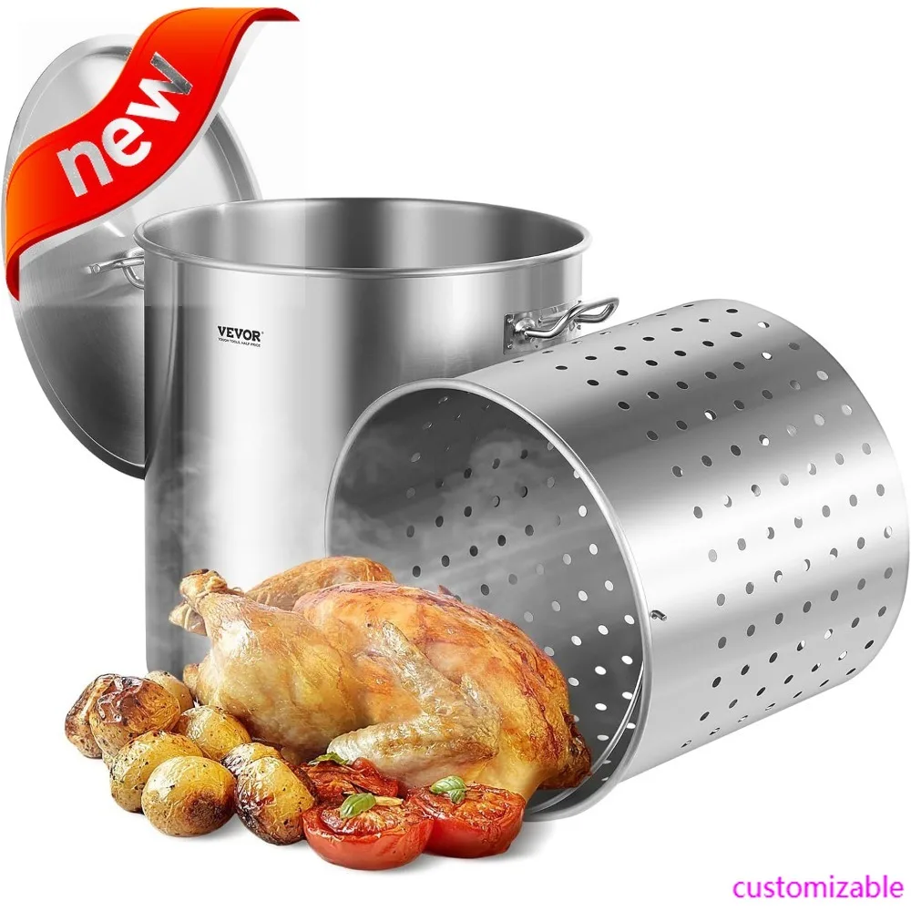 

NEW-Stainless Steel Stockpot, 100 Quart Large Cooking Pots, Cookware Sauce Pot With Basket, Lid, And Handle, Heavy Duty Commerci