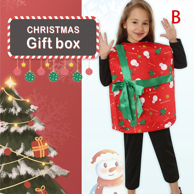 

Kids Boy Girl Christmas Costumes Gift Box Xmas Dress Up Green Elf Santa Outfit New Year Festive Party Performance Cosplay Suit