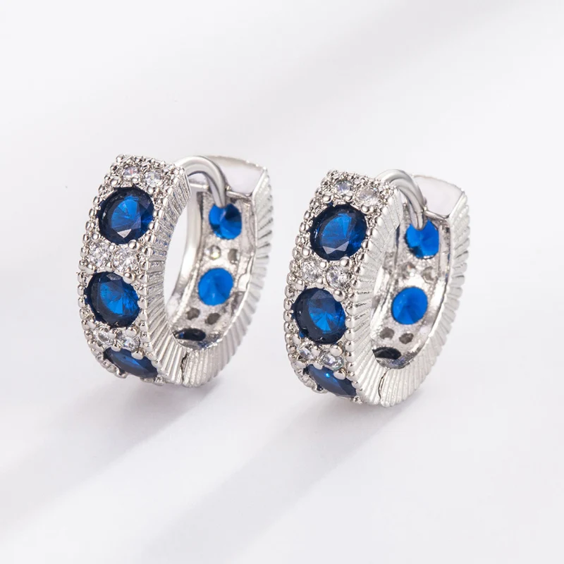 European American Retro Zircon Blue Ear Buckle Exquisite Commuting Earrings Temperament 925 Silver Geometric Circles Earring