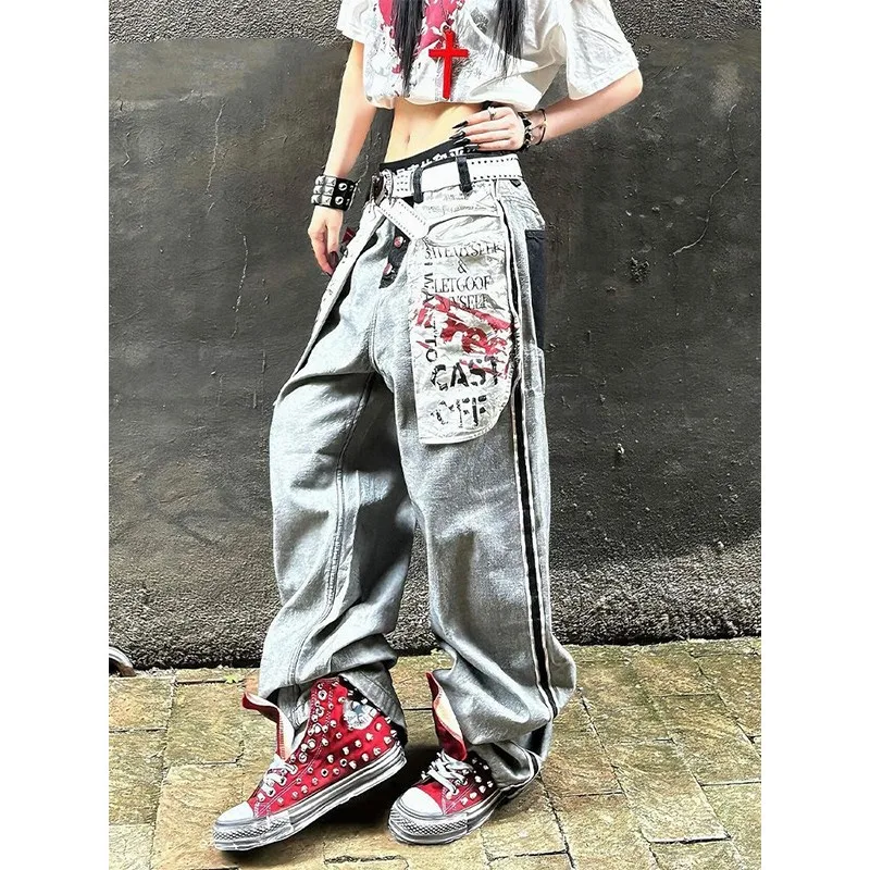 Oversize Jeans Women Reverse Denim Pants Gray Gothic Harajuku Style Baggy Trousers Y2K Streetwear Fashion