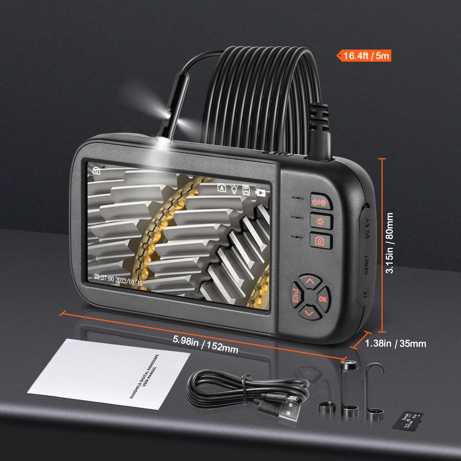 كاميرا بوريسكوب، كاميرا المنظار ثلاثية العدسات مع ضوء، شاشة كاميرا فحص 1080 بكسل مع 10 مصابيح LED، مقاومة للماء IP67