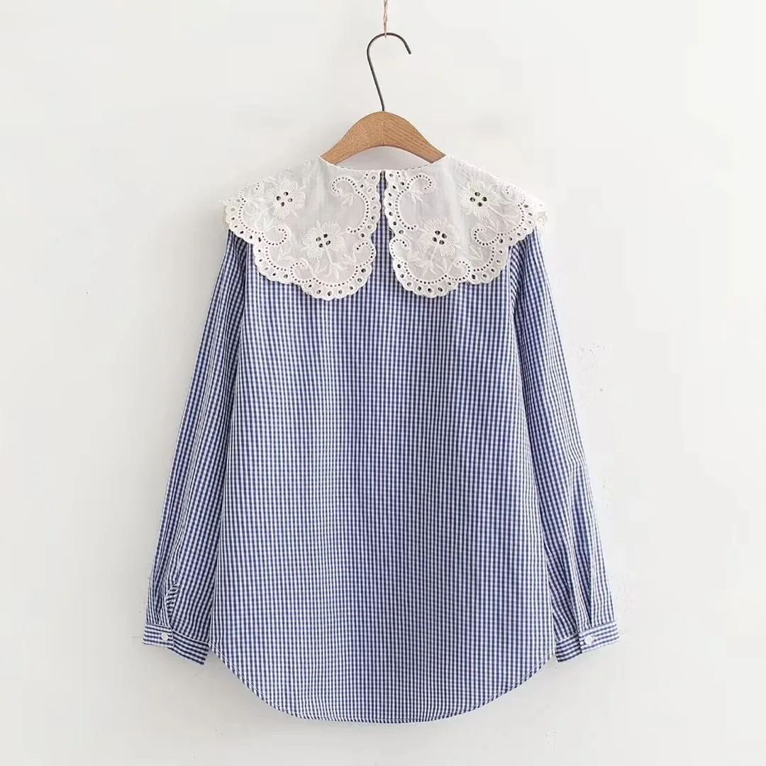 Novo 2025 inverno algodão camisa de manga longa, feminino peter pan colarinho xadrez, mori menina francês casual solto bordado blusa t5d522cc
