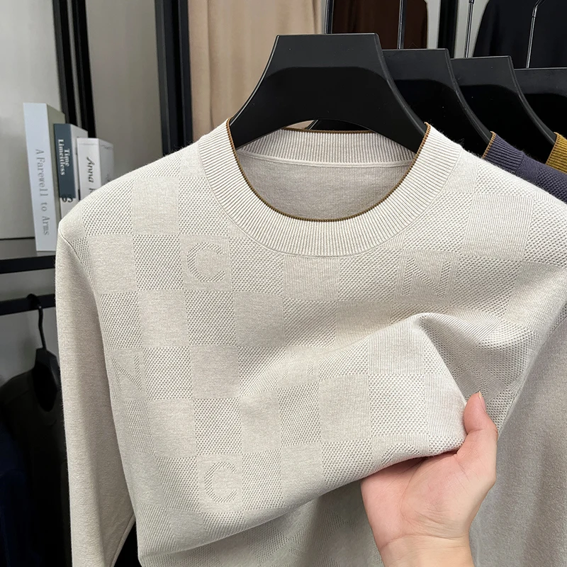 

2025 New Men's Thin Knitted Sweater Autumn/Winter Jacquard Round Neck Woolen Sweater Long Sleeve T-shirt Base Sweater