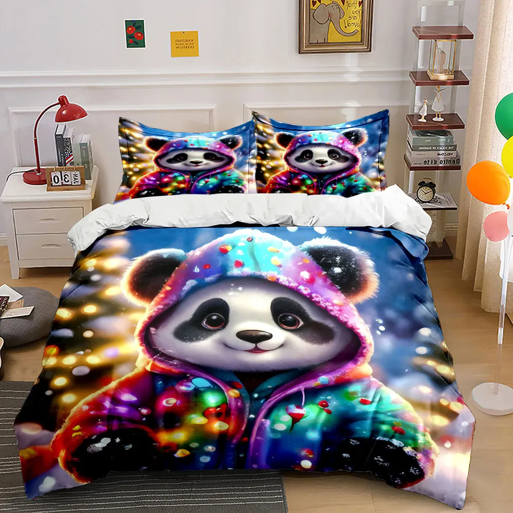 Cute and adorable panda wearing a colorful hoodie Print Duvet Cover Bedding Set Included 1*Duvet Cover 2*Pillowcases