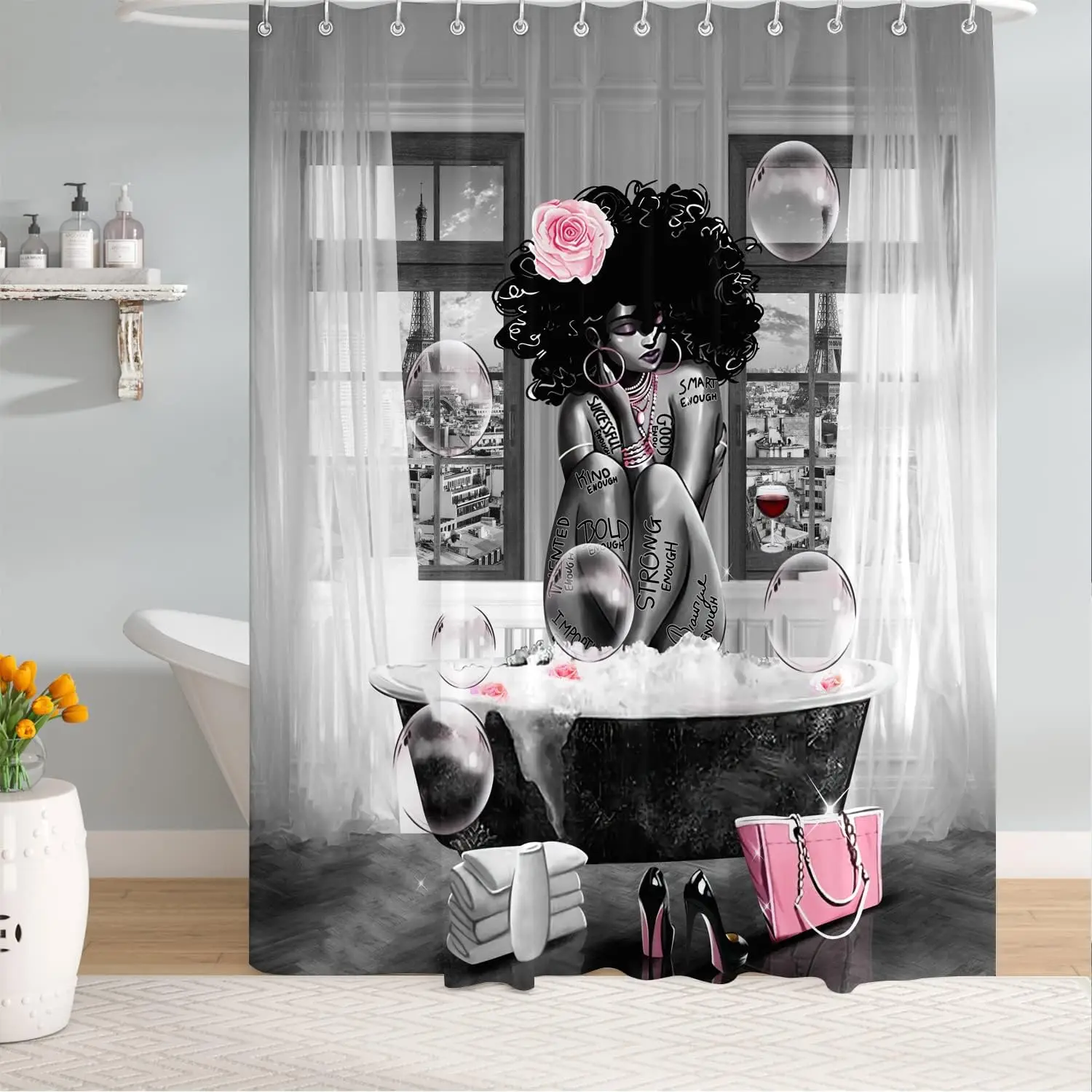 

African American Woman Shower Curtain Waterproof Polyester Fabric Shower Curtain for Bathroom Grey Bathroom Curtain Machine
