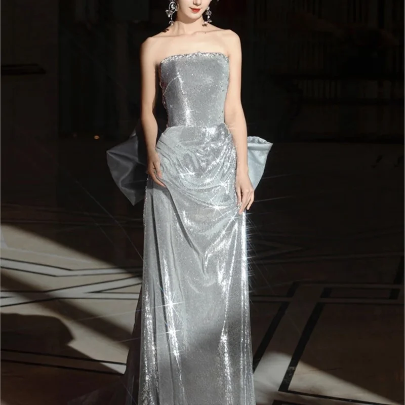 New Style Silver Light Luxury Minority Banquet Host Strapless Dress Female