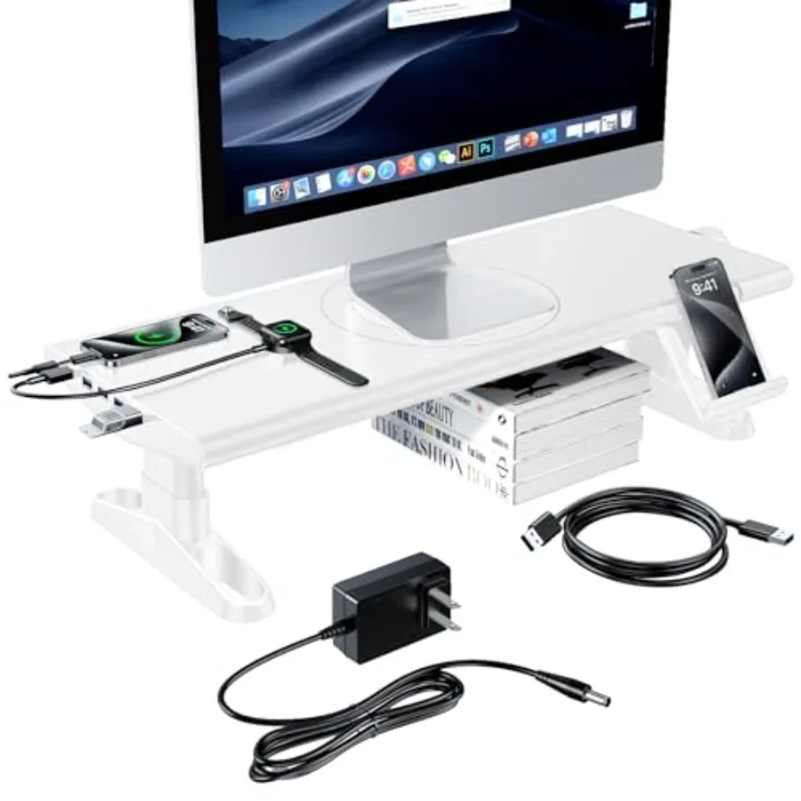 Computer Monitor Stand Riser for Desk: White aluminum alloy height adjustable 4.4-5.7'' includes USB-C docking station 30W powe