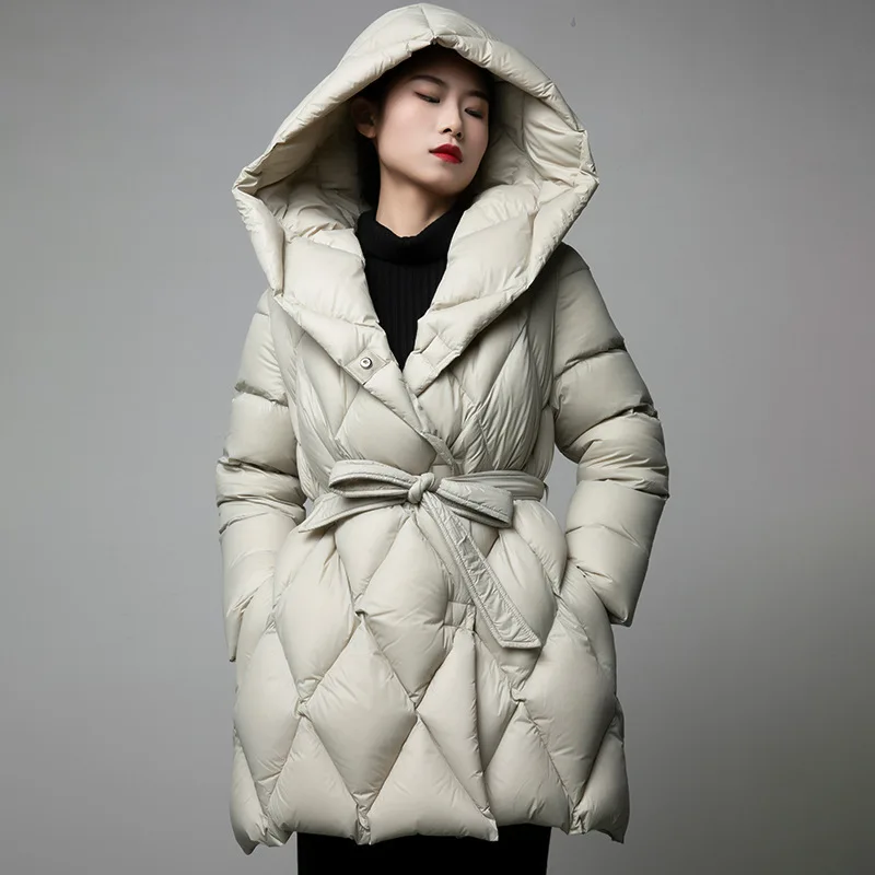 

Winter Jackets Woman White Duck Down Single-Breasted Down Coats Warm Argyle Outwear Solid Color Jacket with A Belt Hooded Parka