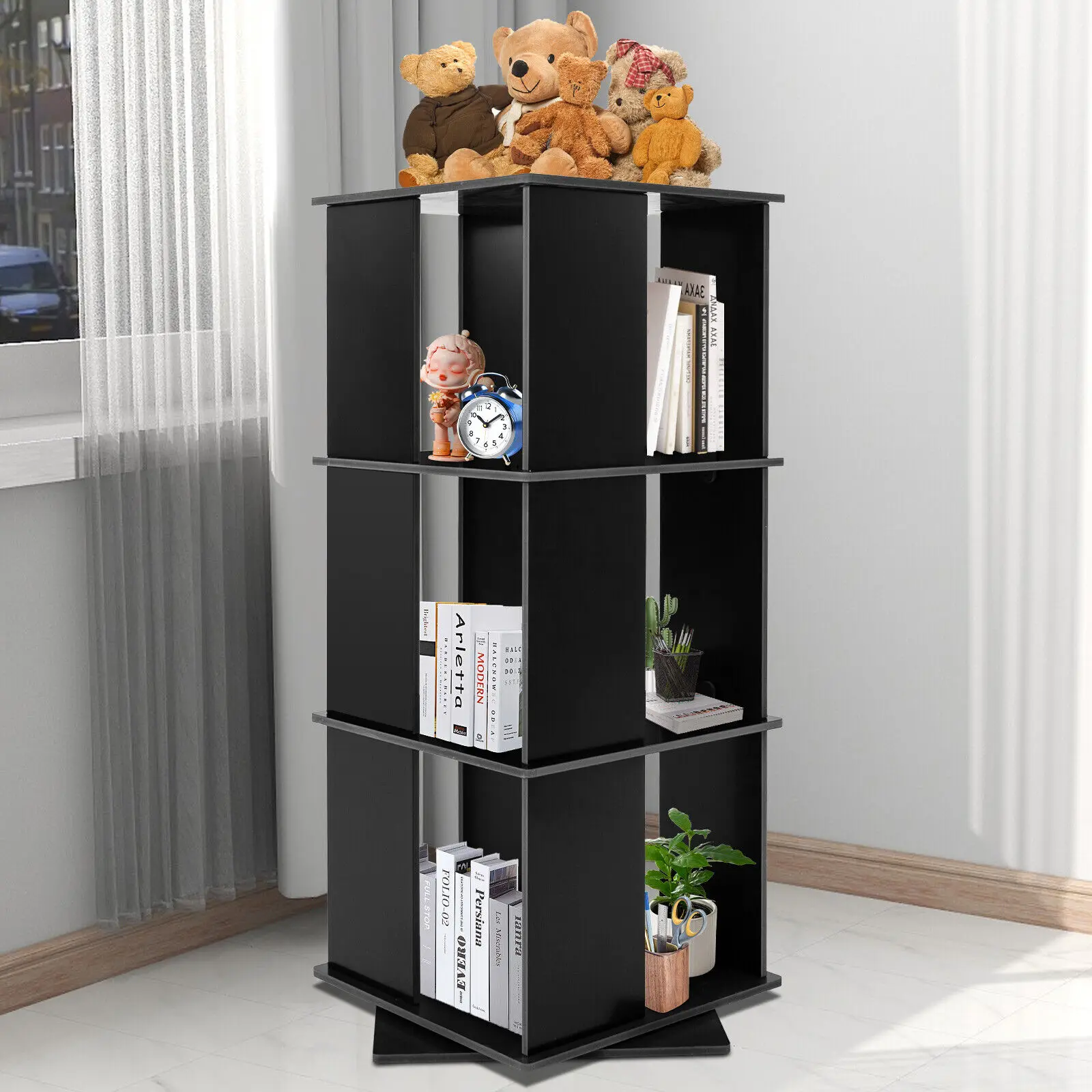 3 layers 360° Rotating Bookshelf Display FreeStanding Wood Bookcase Storage Rack