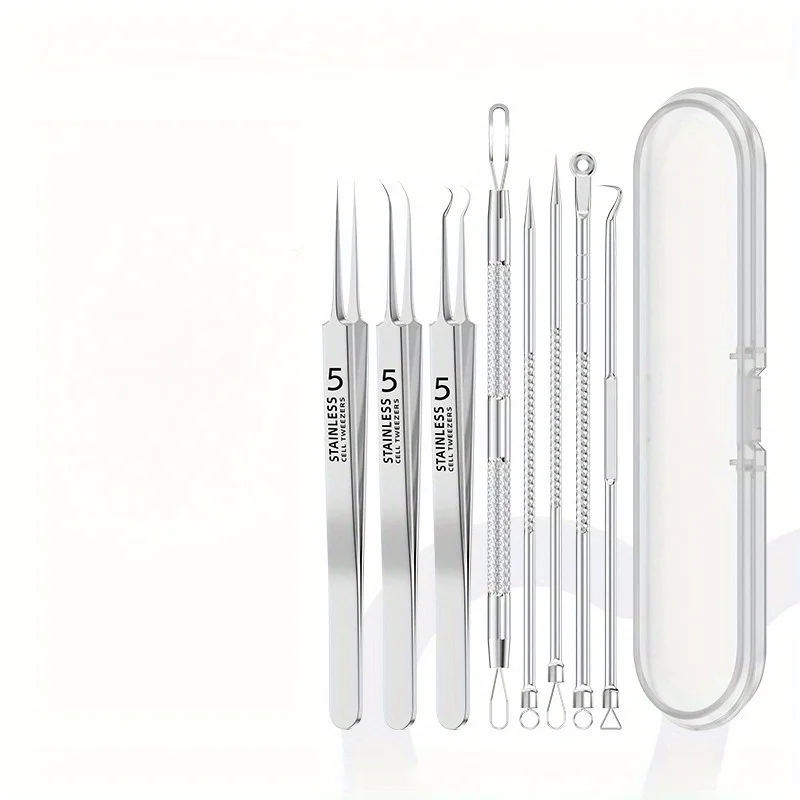طقم ملقط ستانلس ستيل 8 في 1، رقم. 5 مشابك، أداة إزالة الرؤوس السوداء والبثور