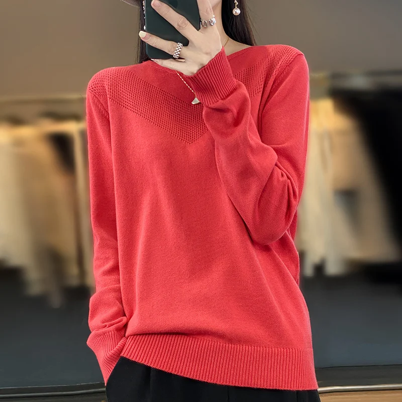 

100% Cotton Bottoming Shirt Women's Spring And Autumn New Knitted Loose Thin Short Hollow Round Neck Long Sleeve Sweater