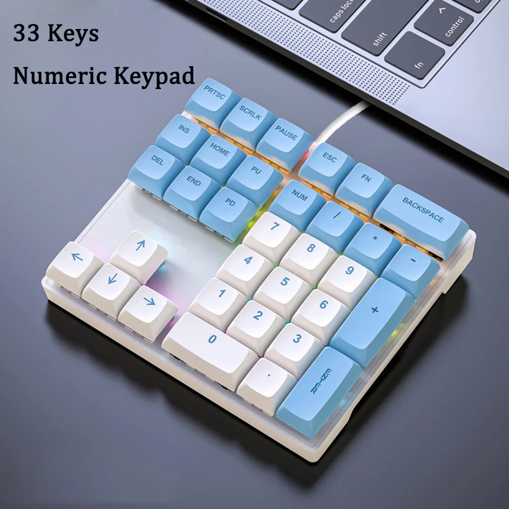 33-Key Numeric Keypad with Multi-Color Lights Shaft Wired Mechanical Keyboard for Finance Business Laptop Computer Accessories