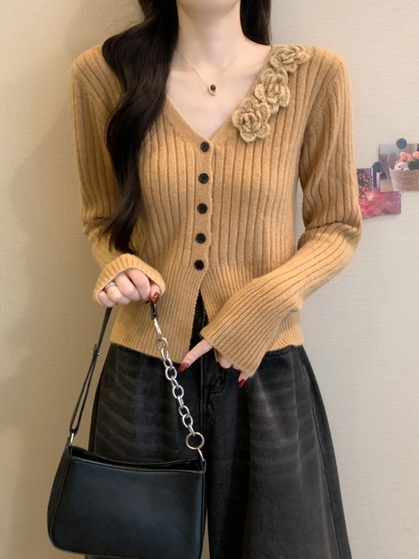 V-Ne Gestrickter Flase irt Damen-Herbst-Winter-Pullover, Strickjacke, weich, dehnbar, für den Pendelverkehr, lang, Swe, warmes Oberteil