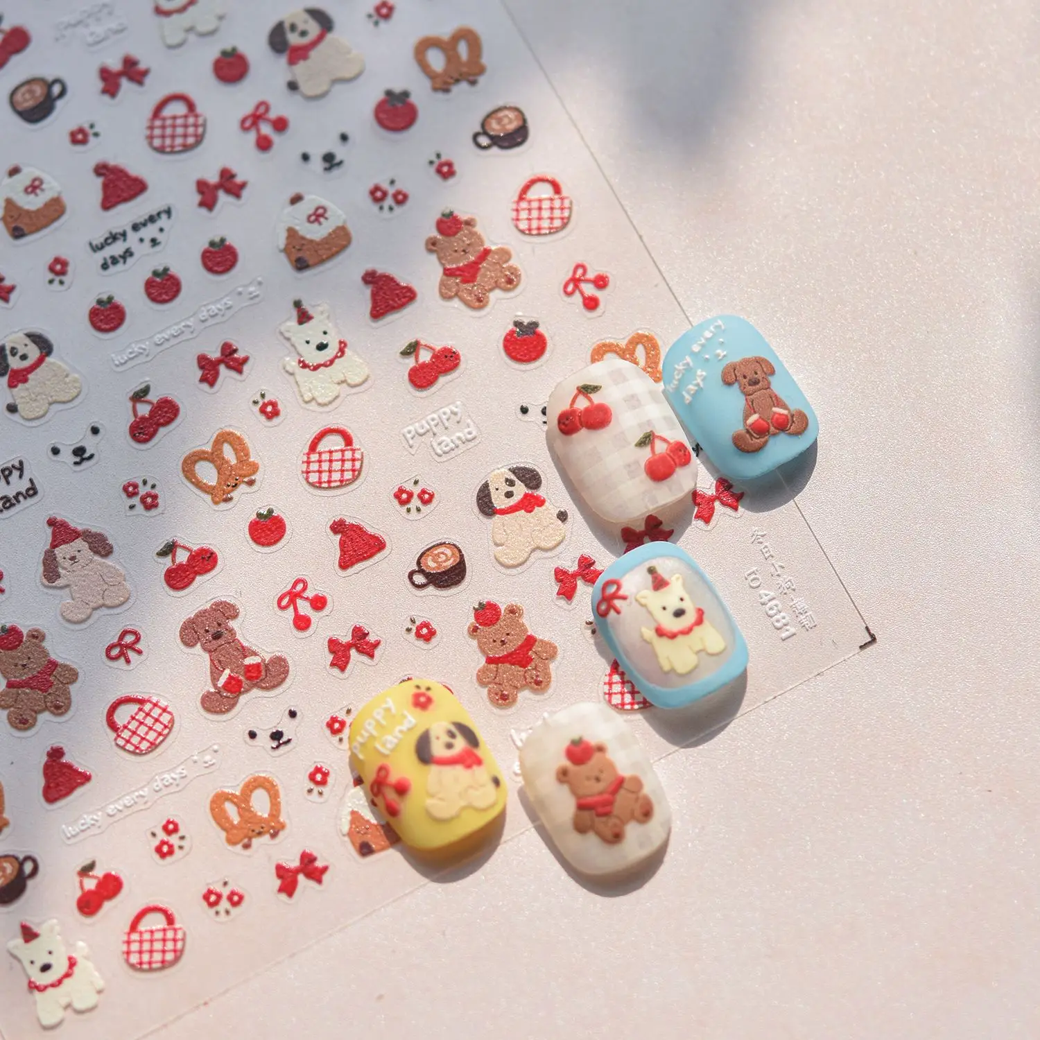 1pcs 5D Relief Christmas Nail Stickers Cute Cartoon Teddy Bear Puppy Cherry Self-adhesive Nail Art Decoration Parts Stickers DIY