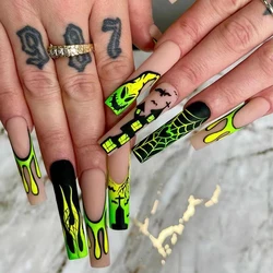 24Pcs Halloween Press on Nail Long Brown Matte Fake Nail Yellow Green Gradient Ghost Castle Spider Web Flame False Nails