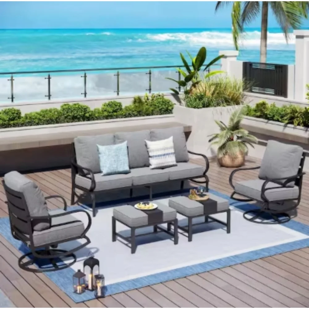 

Black 5-Piece Metal Slatted 7-Seat Outdoor Patio Conversation Set with Gray Cushions, 2 Swivel Chairs, 2