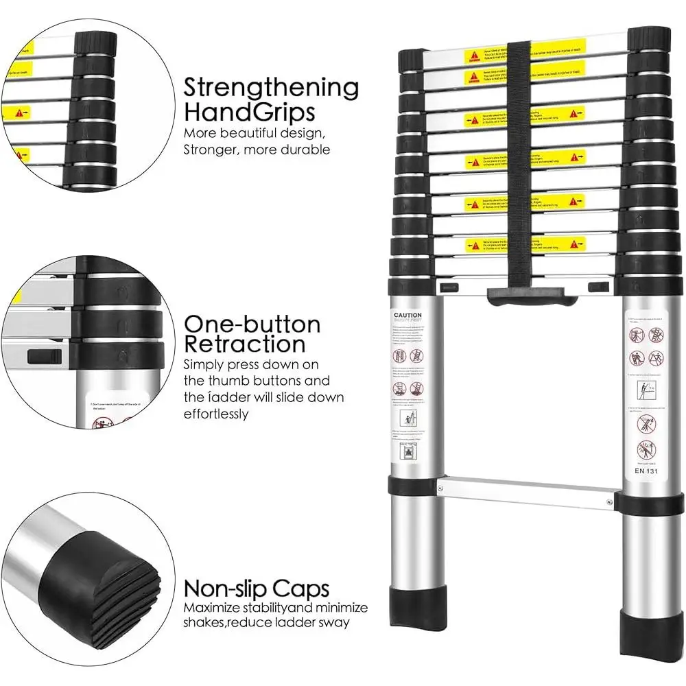 Telescopic Aluminum Ladder EN131 Certification 12.5ft Multi-Purpose Folding Ladder 150kg Load Lightweight Anti-Slip Design