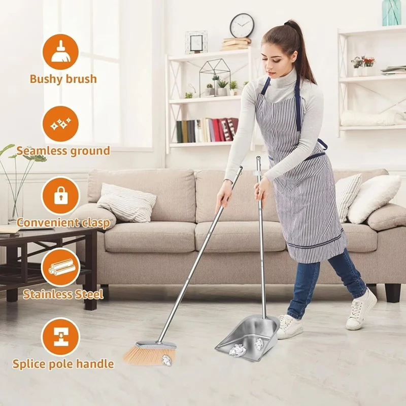 Vassoura com pá conjunto combinado alça longa pá de aço inoxidável ferramenta limpeza piso para proprietários casa sala estar quarto-A27R