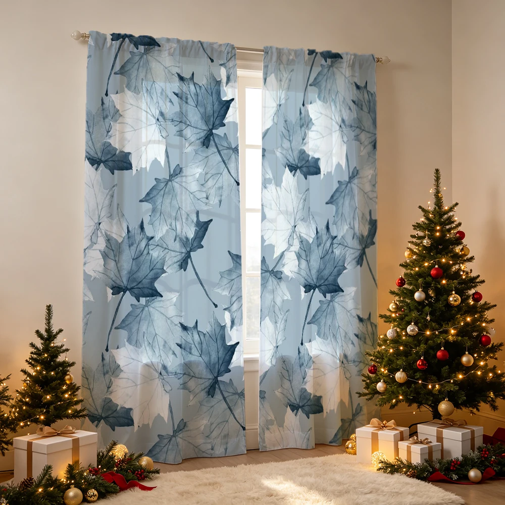 2PCS Blue grey maple leaves Print Curtains, Bedroom Window Drapes, Rod Pocket Polyester, Home Decor Holiday Decoration