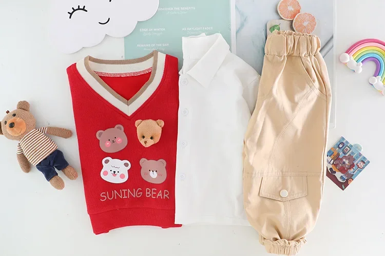 Spring Autumn Baby 3months to 3yrs Cartoon Bear Knitted Sweater Shirts Vest Pants Set Long Sleeve 3pcs Boy Girl Newborn Child's