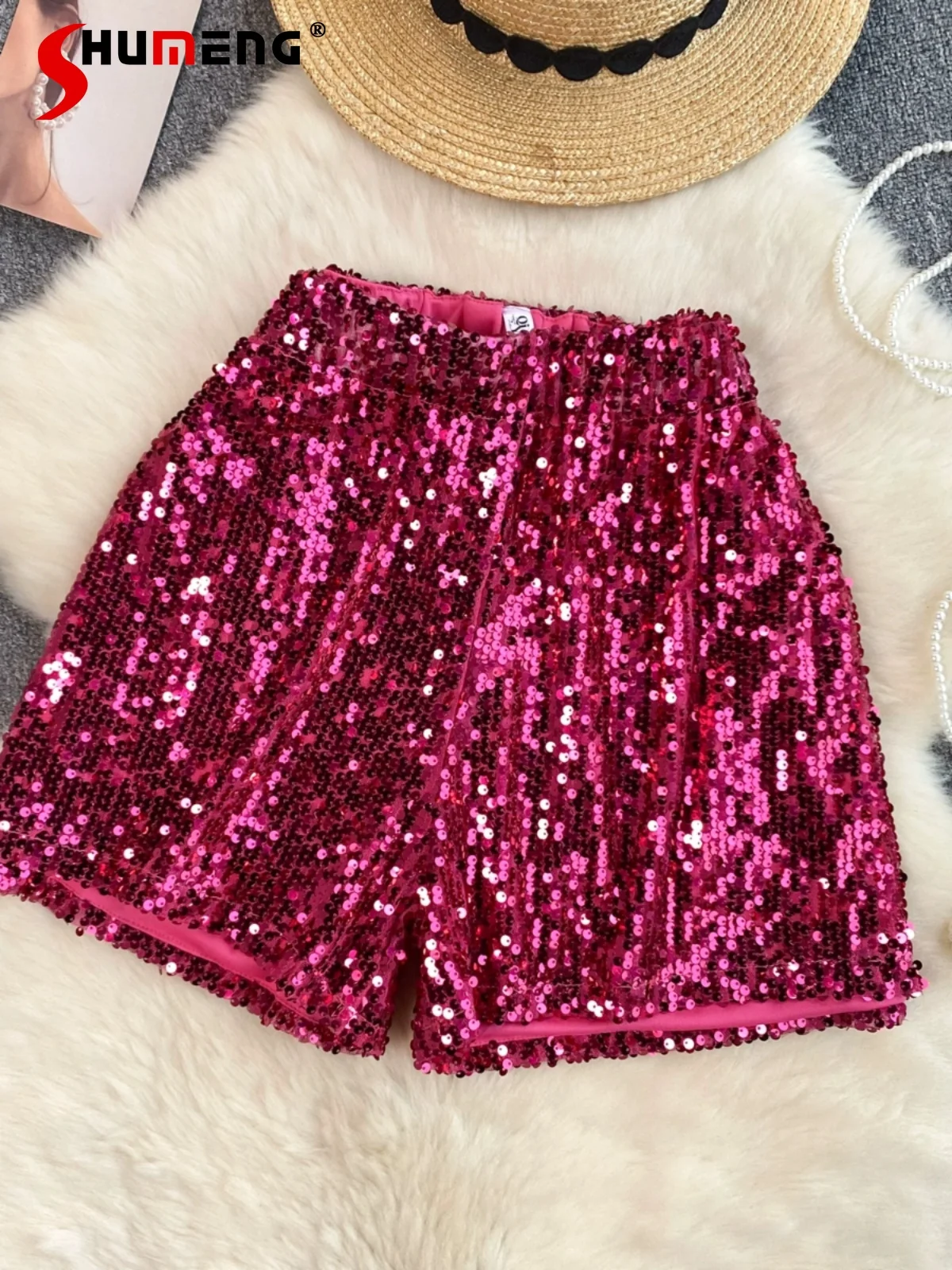 

Sequined Shiny High Waist Shorts Women's 2024 Summer Hot Pants Feminine Socialite Fashion All-Matching Solid Color Shorts