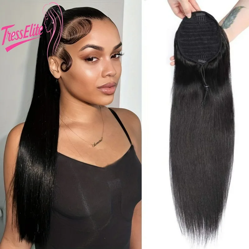 

12A человеческие волосы на шнурке, конский хвост, натуральный шелковистый прямой парик Remy для женщин, прочные наращивания на клипсах для повседневного использования/вечеринки