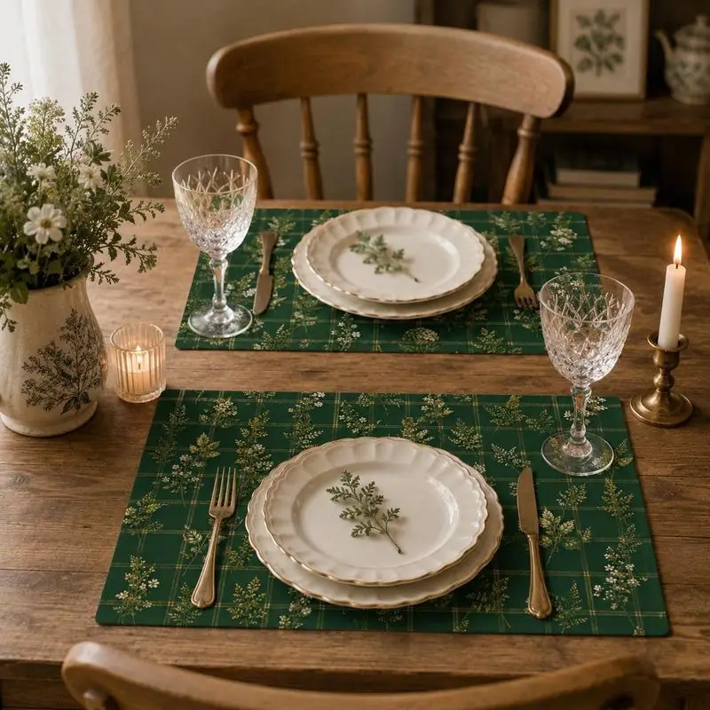 VIKAMA Dark Green Plaid White Flower Vintage Elegant Christmas Table Runner Placemat Set Linen Cloth for Xmas Dinner Home Decor
