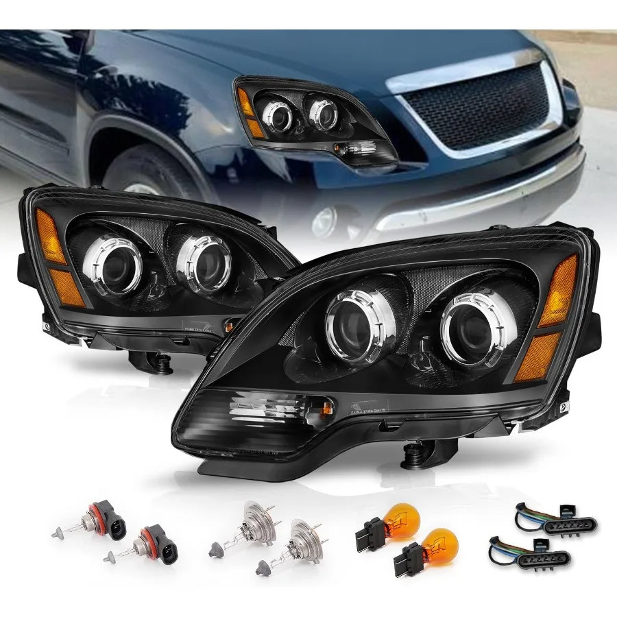 

For 2007-2012 GMC Acadia Factory Halogen Type Black Replacement Dual Projector Headlights Assembly + Bulbs Pair Driver and Passe