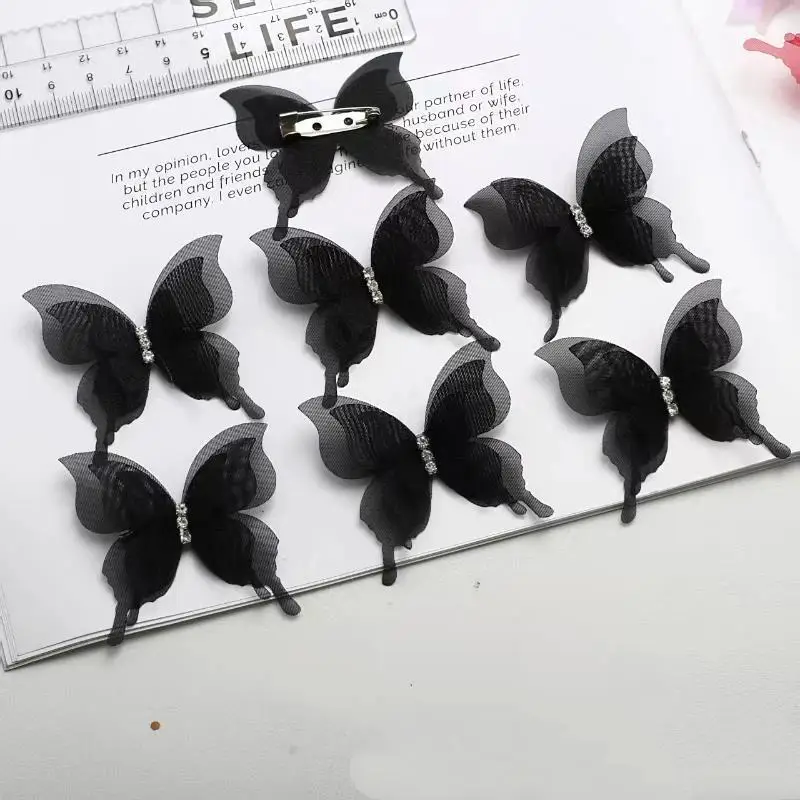 § 10Pcs 3D Organza Butterfly Brooch Pin 6 Colors Rhinestone Tulle Lapel Pins Wedding Party Jewelry Accessories For Women