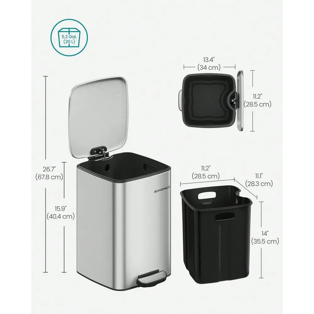 

5.2Gallon Stainless Steel Trash Can With Inner Bucket Kitchen Garbage Can, Soft Close, Stays Open Feature, 20L Trash Bin