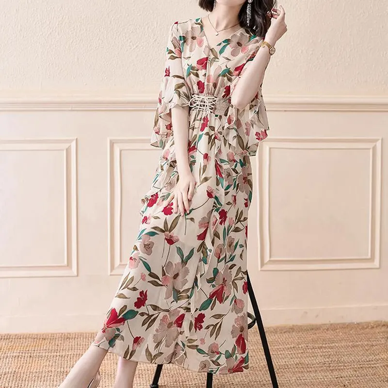 Long Drawstring A-Line Waist Dress Female Clothing French Style Broken Flowers 2024 Summer Elegant V-Neck Half Sleeve Dresses