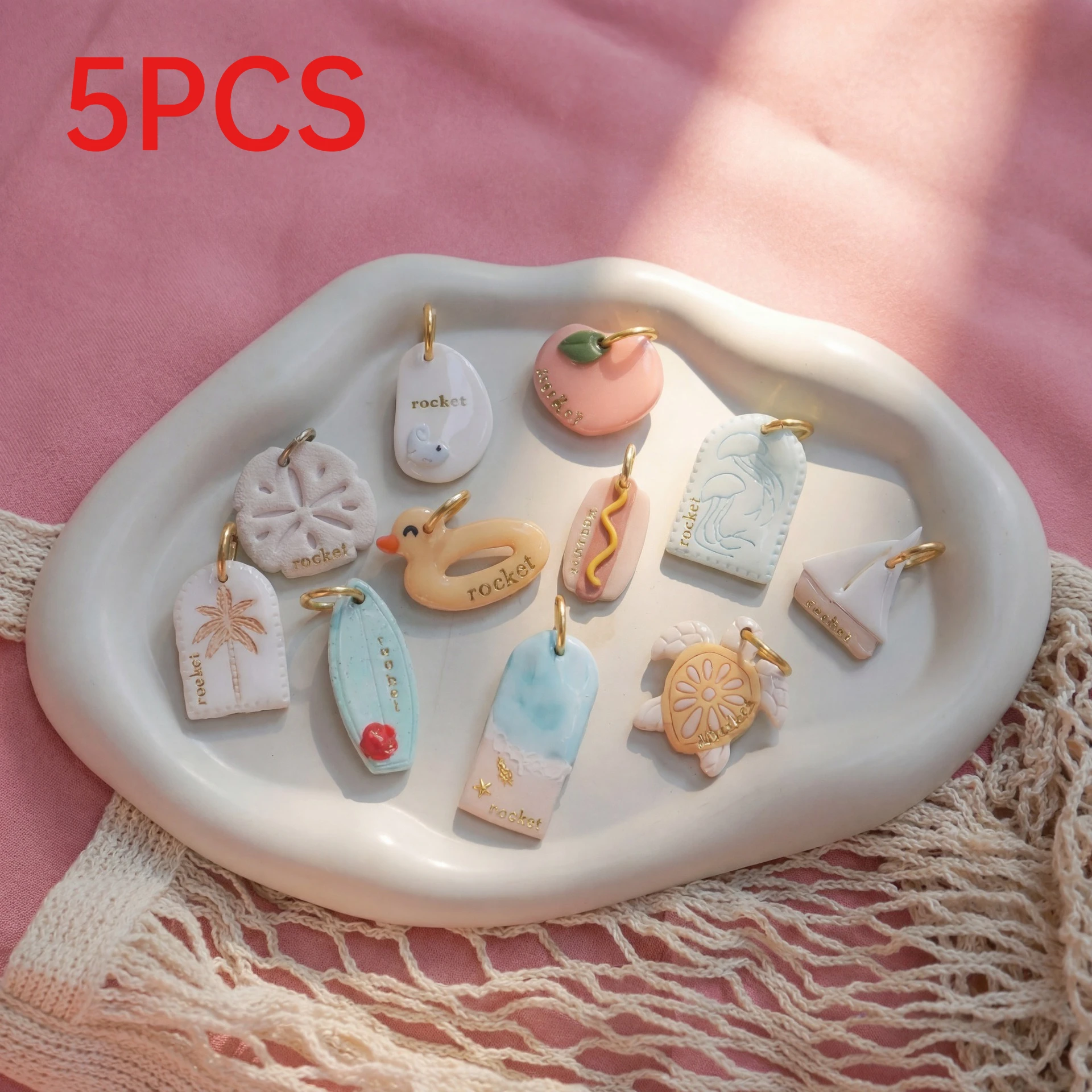 

5Pcs Summer Beach Palm Tree Surfboard Peach Turtle Charms Mini Pendants DIY Necklace Jewelry Supplies