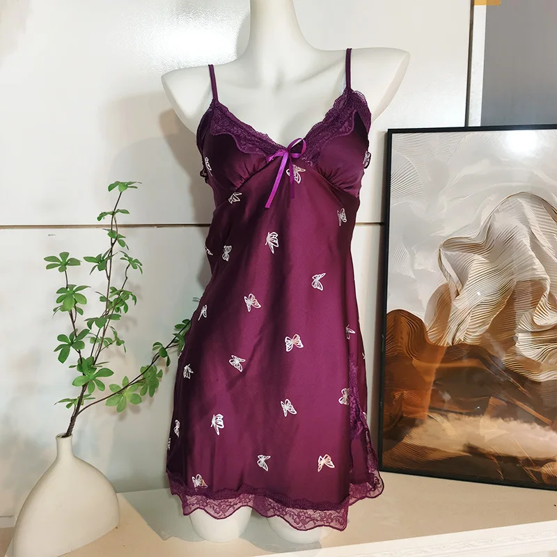 

Wild Twilight Butterfly Camisole Nightdress for Girls, Ice Silk Sexy Nightgown with Backless Design, Pure Desire Lace-Trimmed Sexy Nightdress