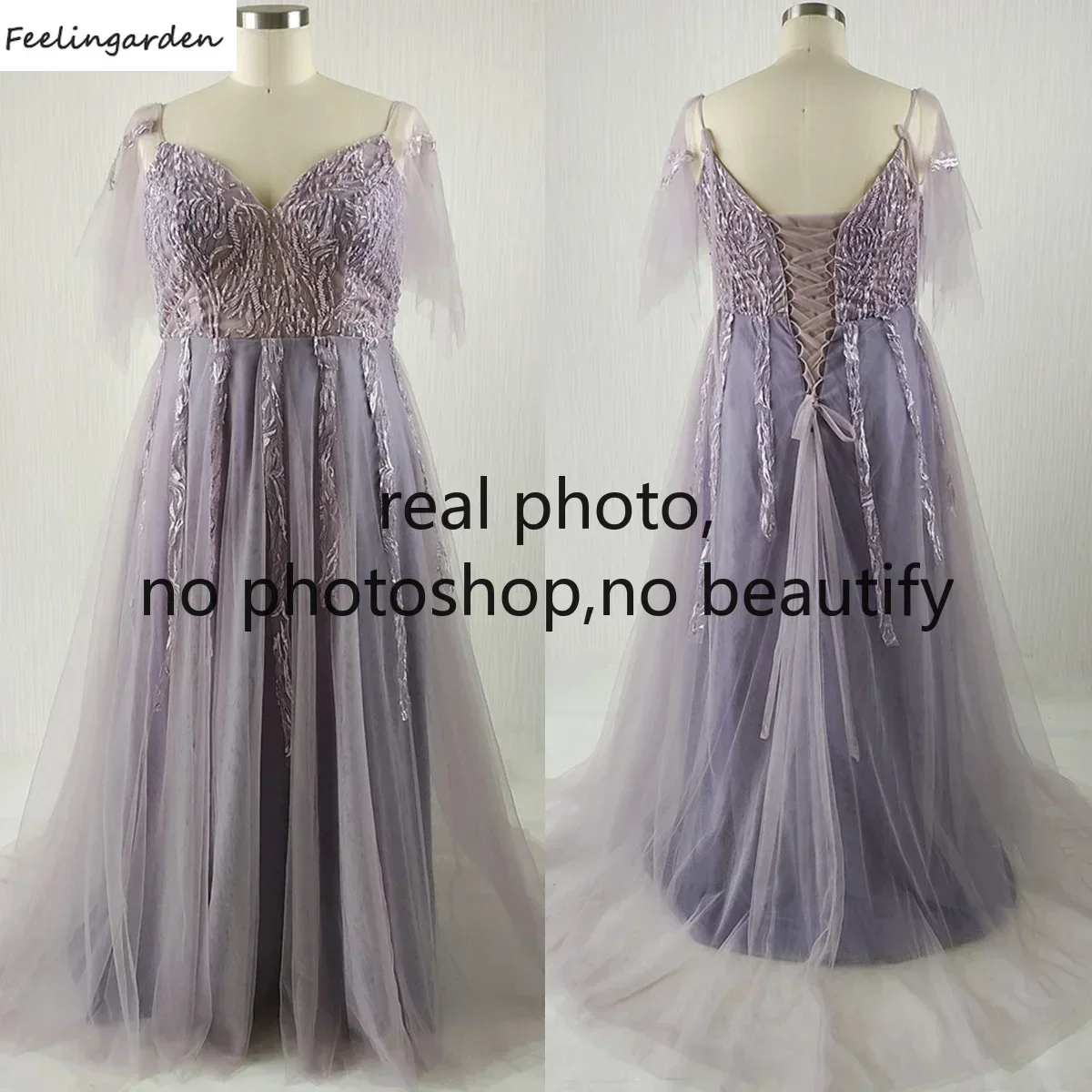 

Feelingarden Customized Real Photo Evening Dress Purple Tulle Beads A-line Floor Length Plus size Women Party Formal Gown B215