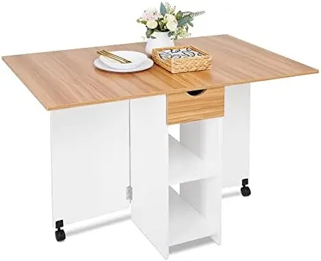 

Folding Dining Table, Drop Leaf Kitchen Table with 1 Drawer and 2 Open Storage Shelves Small Space Dining Room Kitchen Modern (W