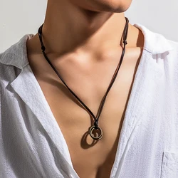 Salircon Boho Vintage Metal Double Ring Pendant Necklace Casual Korean Velvet Adjustable Rope Chain Necklace Men's Neck Jewelry